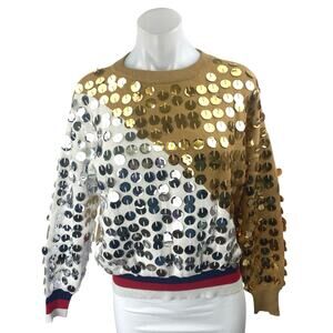 Beauty Women Gold White Sequin Metallic Colorblock Long Sleeve Sweatshirt S/M